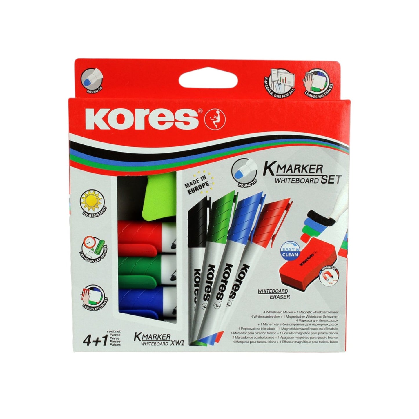 Kores Whiteboard marker Set round 4 colors + White Board Eraser