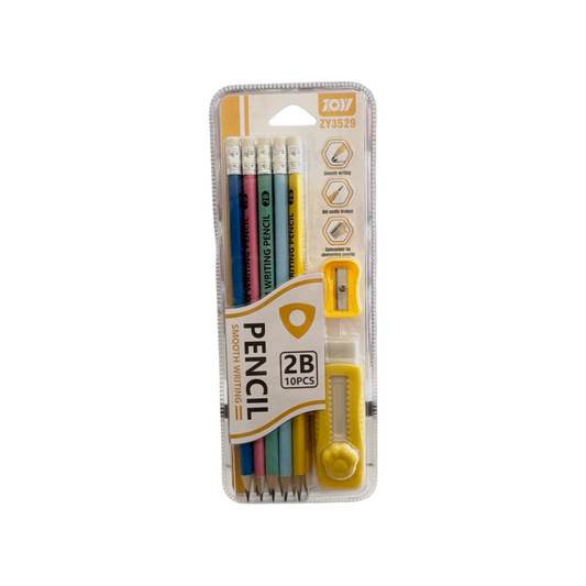 Pencil Smooth Writing Set 10 Pencils with Eraser and Sharpener For Kids - 2B