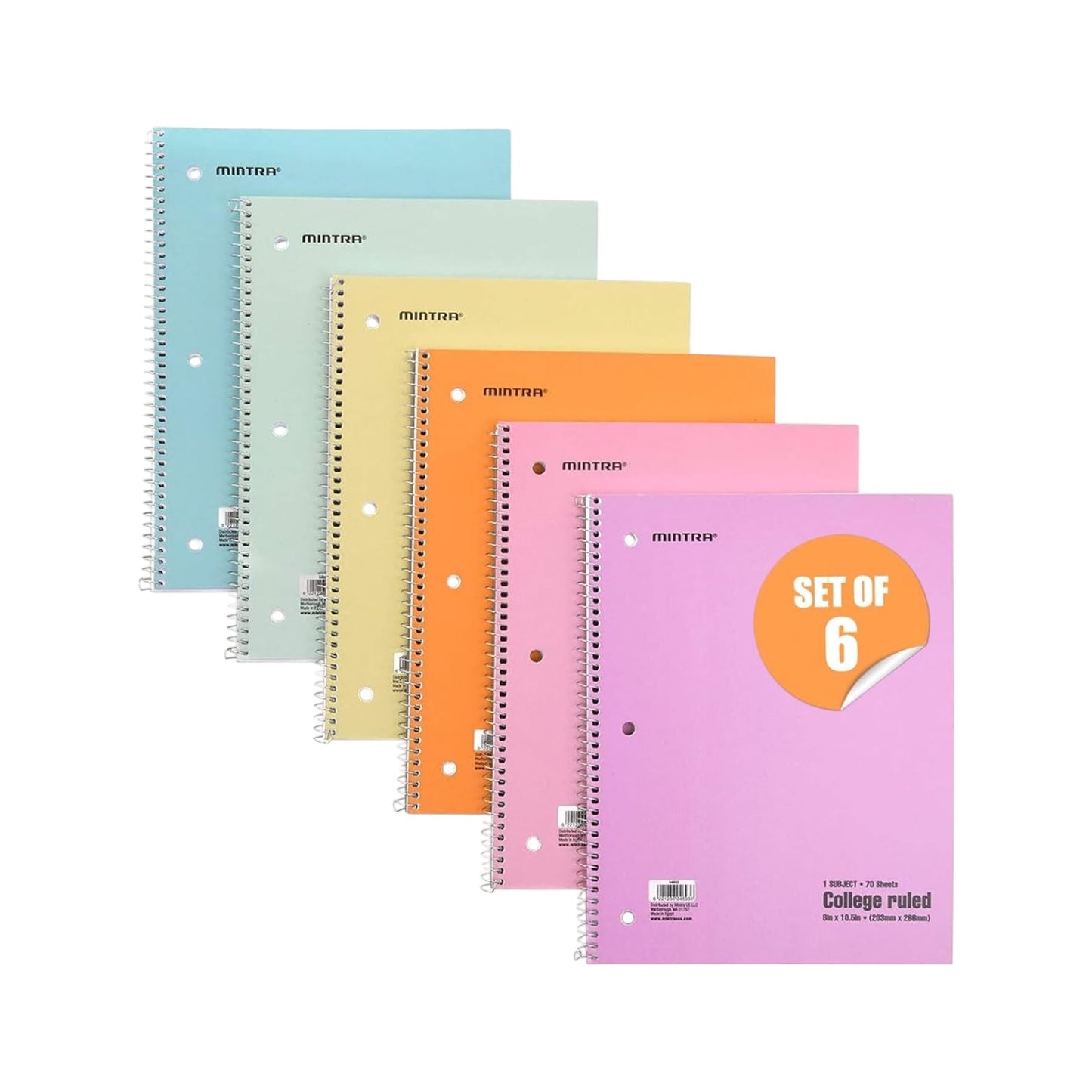 College notebook wire 70 sheets line pastel colors, 10.5 * 8 Mintra 70CT