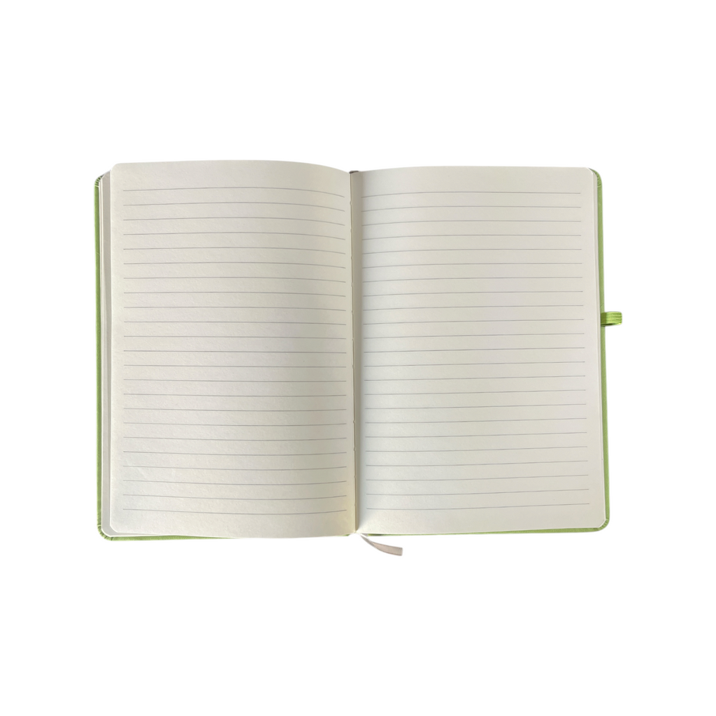 Elite Stationery House A5 notebook open to ruled cream pages with a green hard cover and elastic closure band