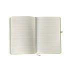Elite Stationery House A5 notebook open to ruled cream pages with a green hard cover and elastic closure band
