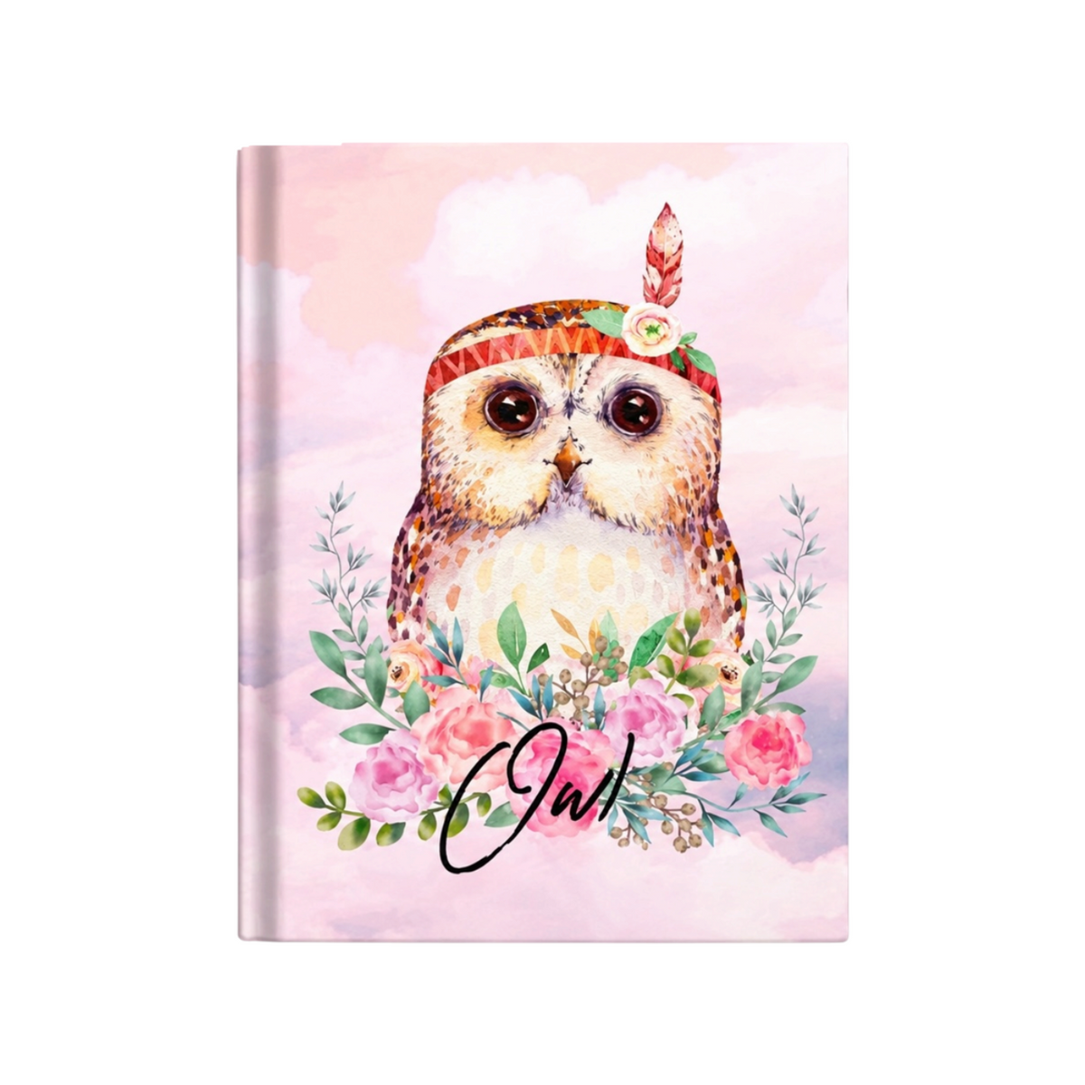 Elite Stationery House A5 plastic-bound notebook with a watercolor owl and floral illustration on a pink cover.