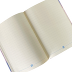 Elite Stationery House A5 notebook with cream-colored lined paper and 2BE branding at the bottom of each page.
