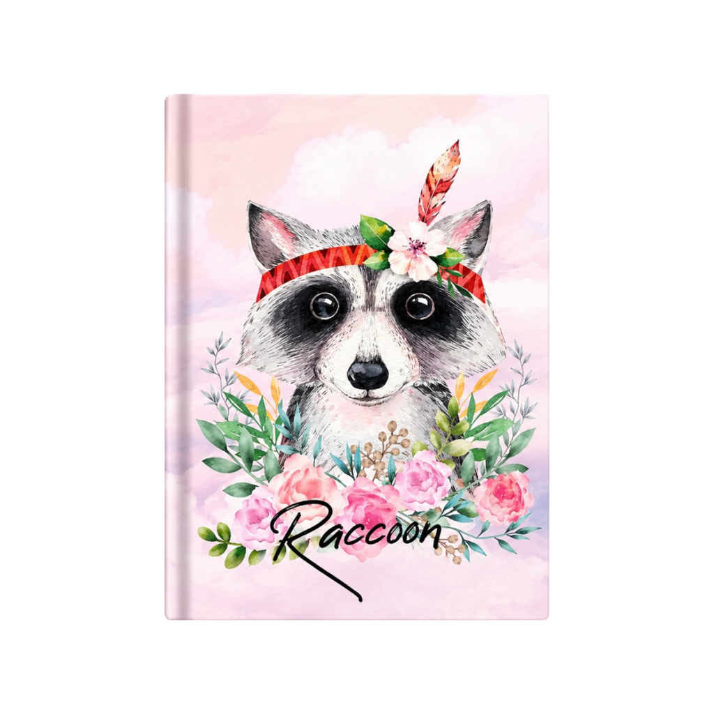 Elite Stationery House A5 cream paper notebook featuring a cute watercolor raccoon illustration with floral accents.