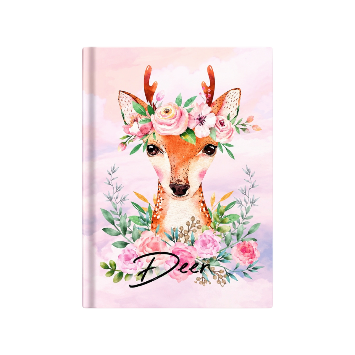 Elite Stationery House A5 plastic-bound notebook featuring a cute deer illustration with a floral crown on a pink background