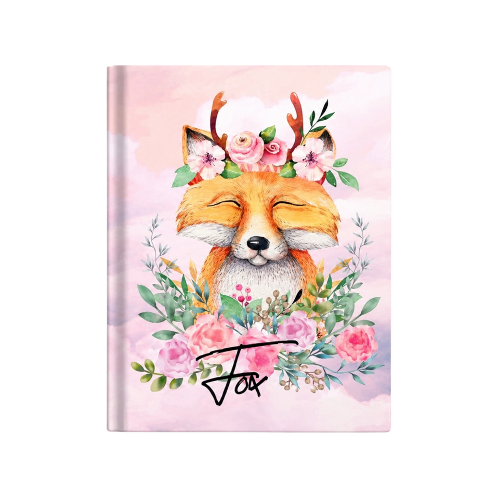 Elite Stationery House A5 notebook featuring a cute fox illustration with floral crown on a soft pink background