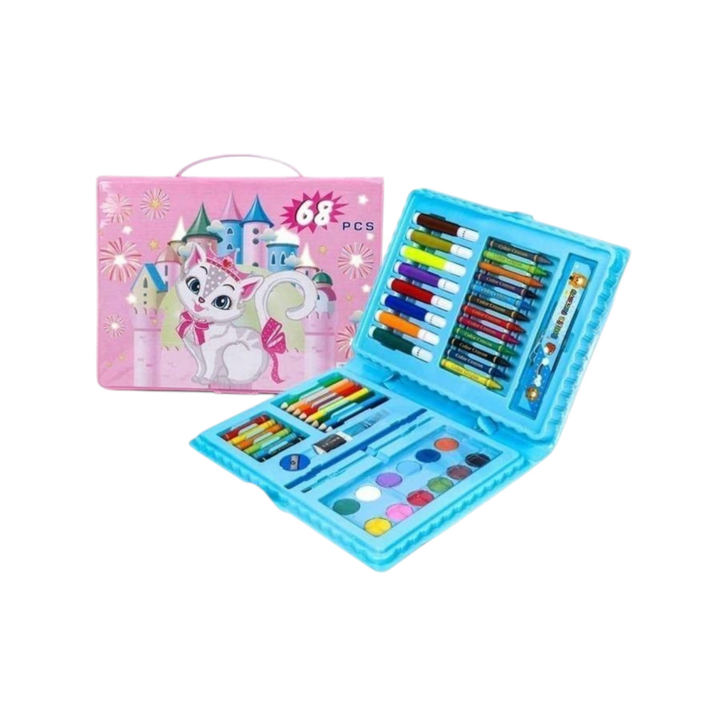 Elite Stationery House 68-piece kids art set with markers, crayons, and watercolors in a pink cat-themed carry case