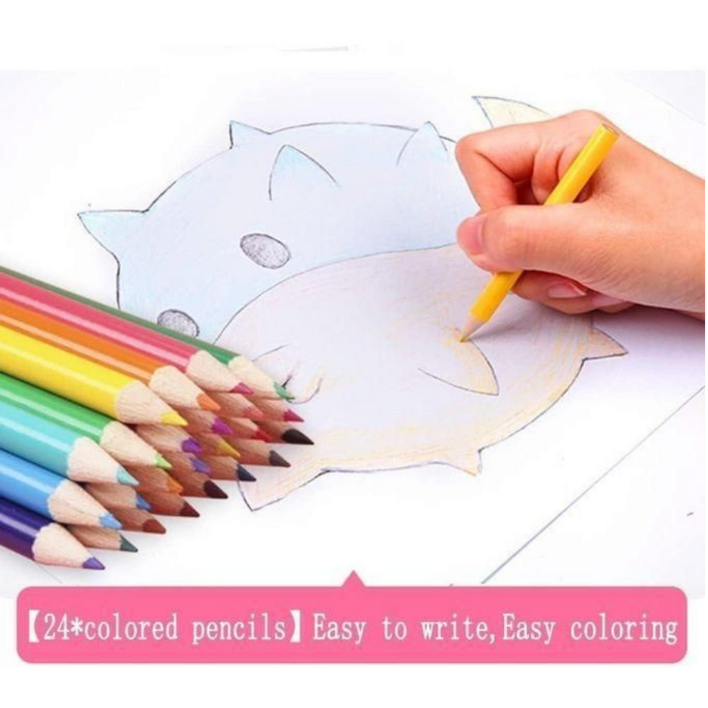Elite Stationery House 68-piece art set featuring a hand using a yellow colored pencil to shade a cartoon drawing