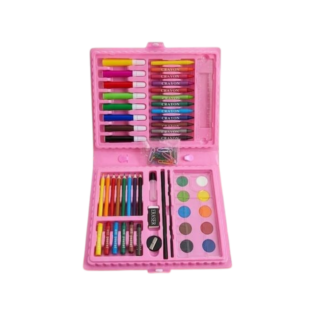 Elite Stationery House 68-piece kids art drawing set in a pink plastic case with markers, crayons, and watercolors.