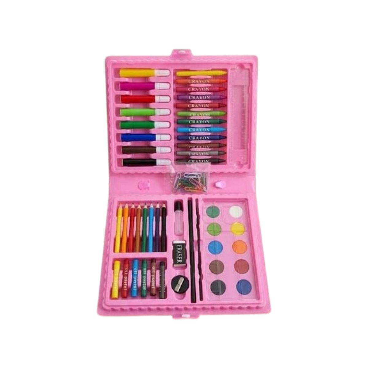 Elite Stationery House 68-piece kids art drawing set in a pink plastic case with markers, crayons, and watercolors.