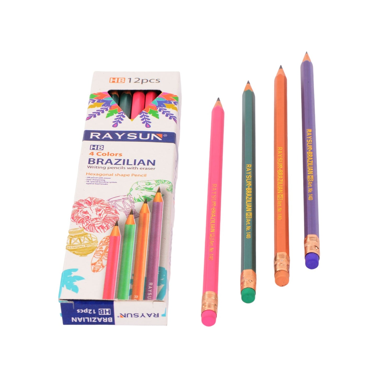 Raysun – Brazilian– HB – Pack Of 12 Pencils With Eraser ( 4 Color )