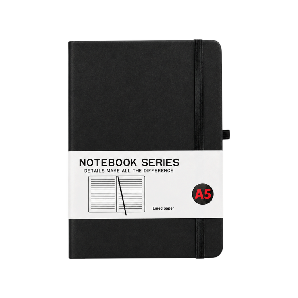 Elite Stationery House A5 black hardcover business notebook with 80 lined sheets and an elastic closure band.