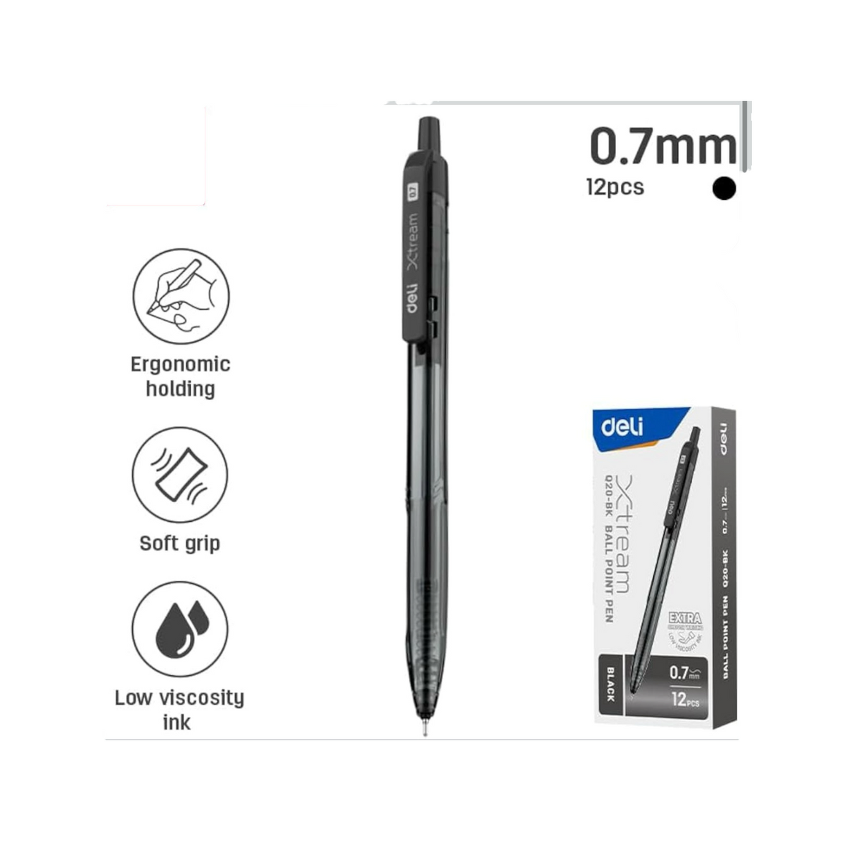 Deli Q20-0.7 mm Tip Ballpoint Pen 12-Pieces, Mulitcolor