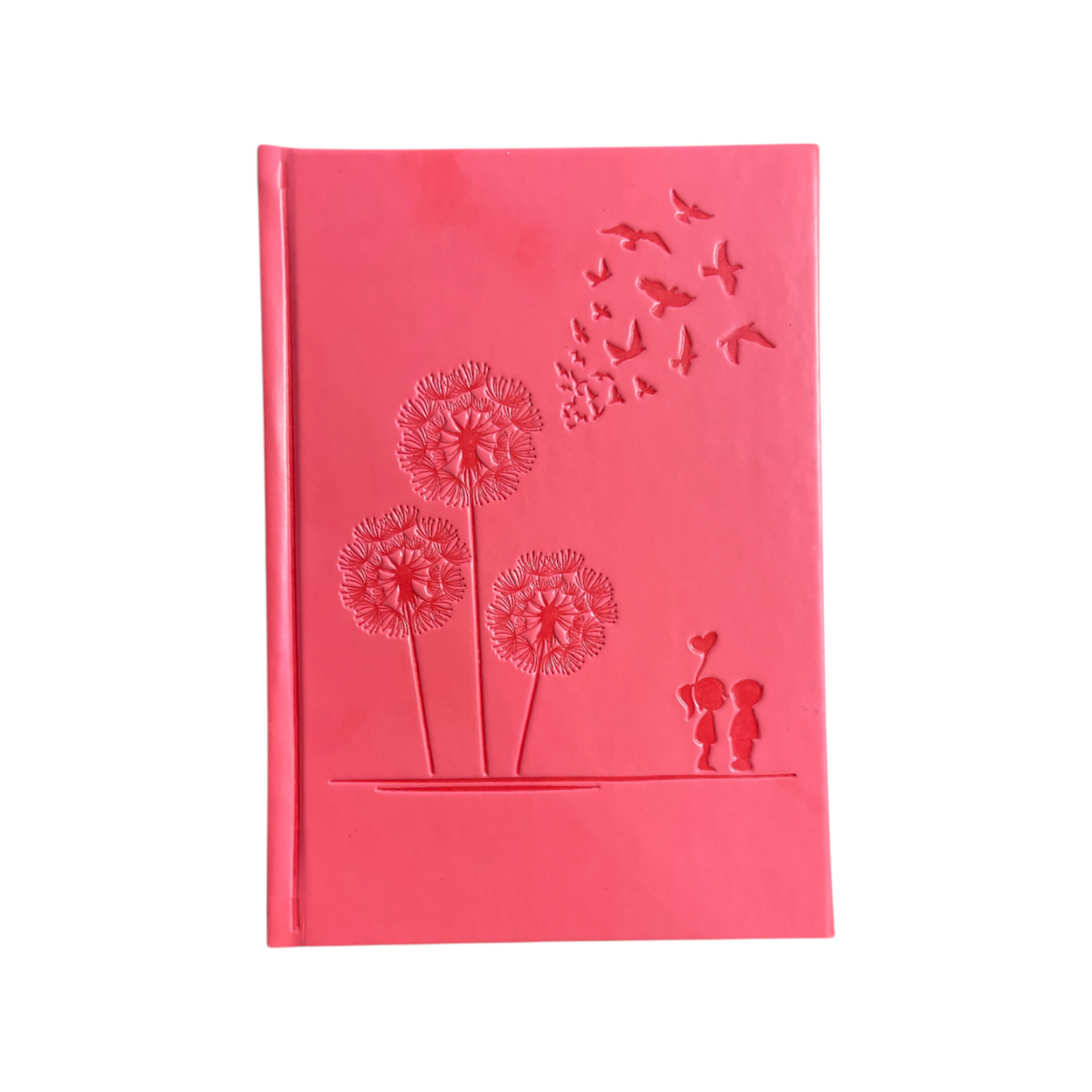 Elite Stationery House A5 pink hardcover notebook with embossed dandelion, birds, and children design