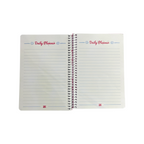 Elite Stationery House A5 spiral notebook open to lined daily planner pages with red text and 2BE branding