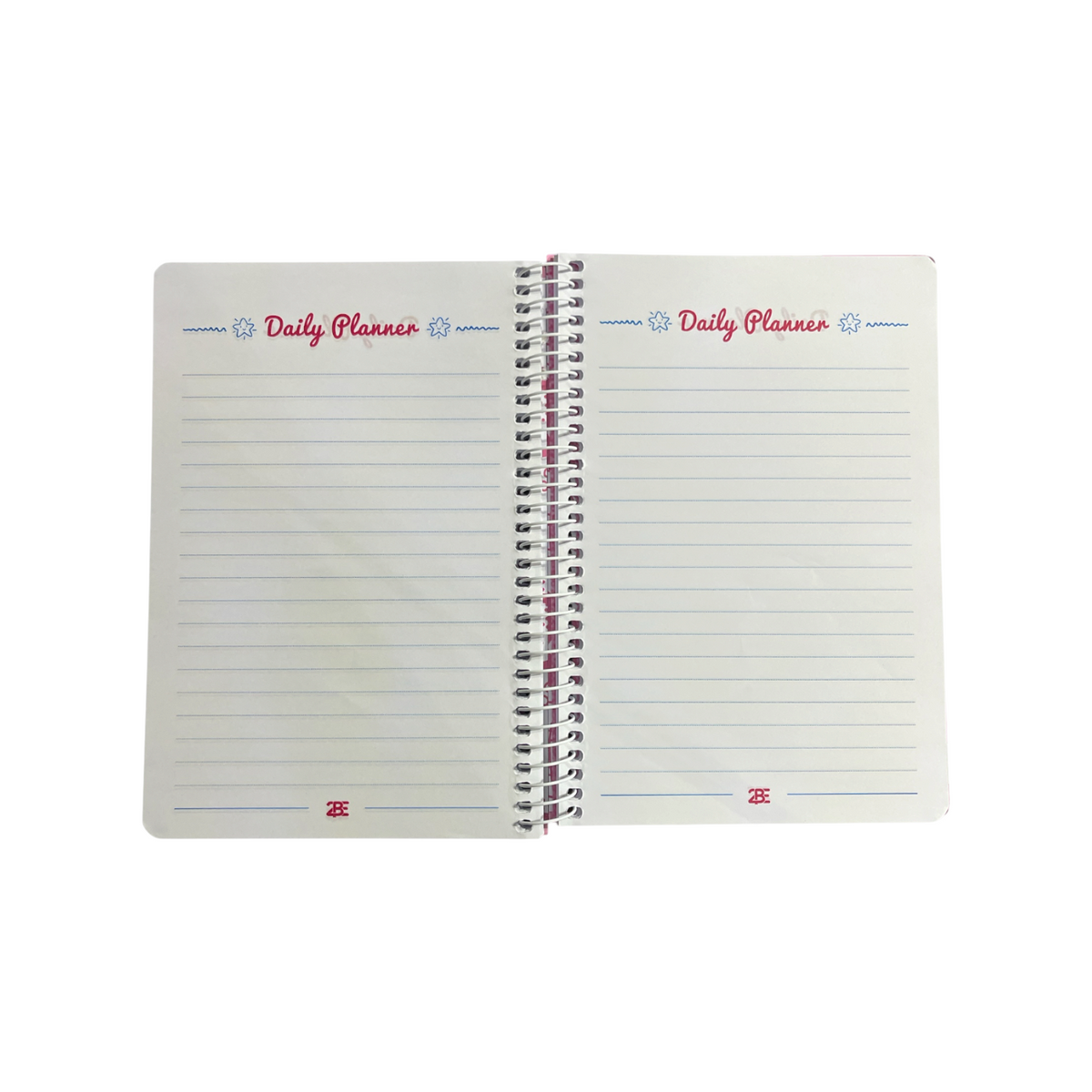 Elite Stationery House A5 spiral notebook open to lined daily planner pages with red text and 2BE branding