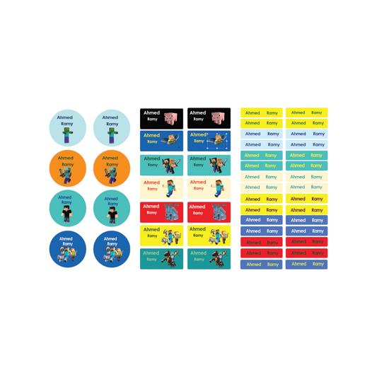 Elite Stationery House waterproof Minecraft themed name tag stickers for school supplies in various shapes and colors