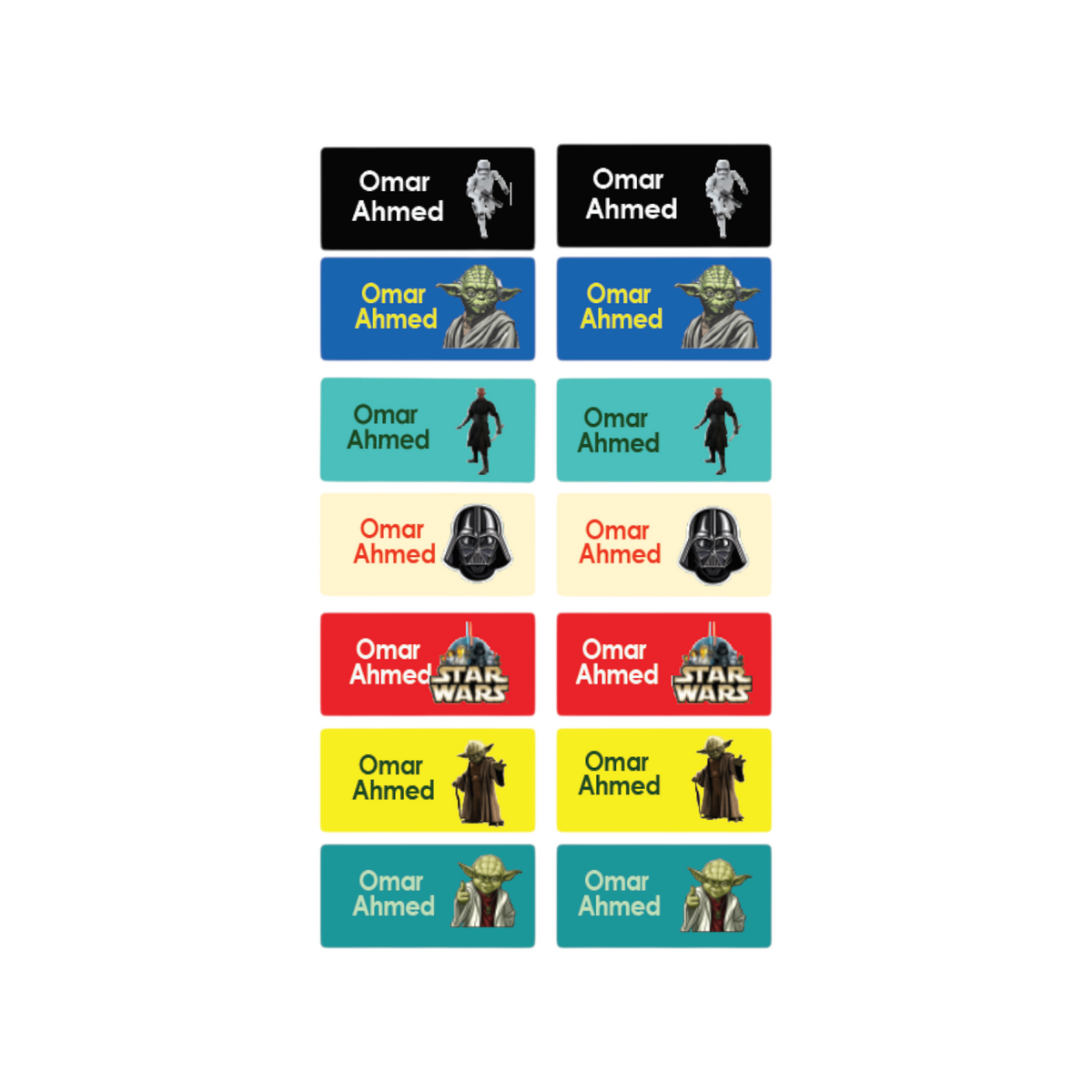 Elite Stationery House Star Wars themed waterproof name tag stickers in various colors featuring iconic characters
