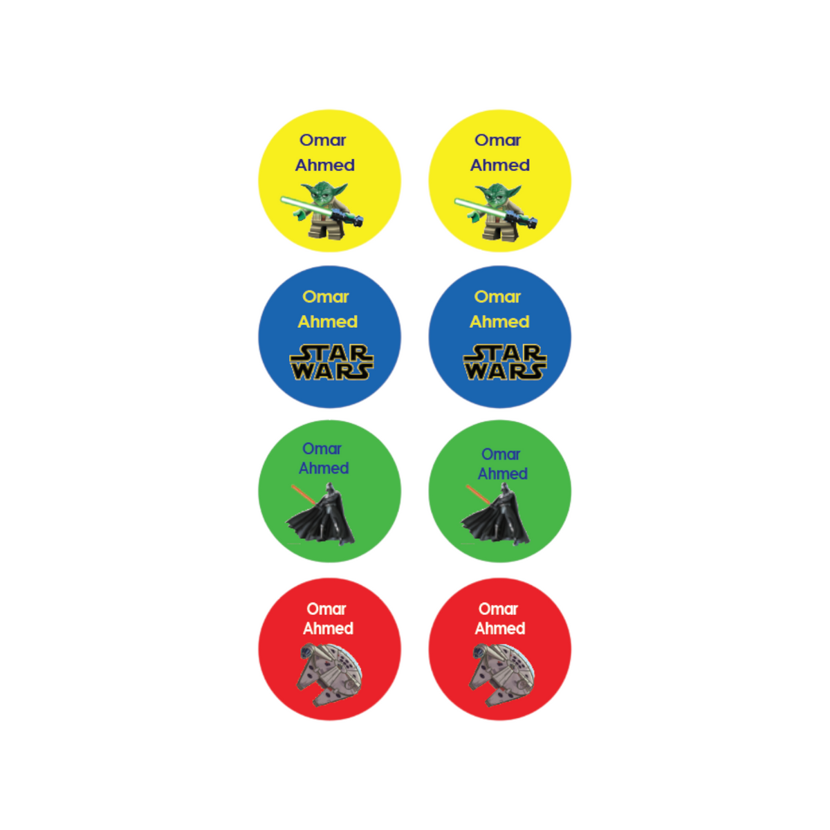 Elite Stationery House Star Wars round waterproof name tag stickers in yellow, blue, green, and red with characters.