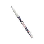 Elite Stationery House ballpoint pen with a navy blue floral pattern and white clip, featuring Warm Brow branding.