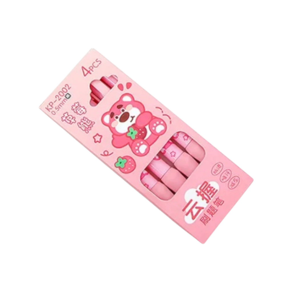 Elite Stationery House set of 4 cute pink strawberry bear retractable gel pens with 0.5mm fine tips in packaging.