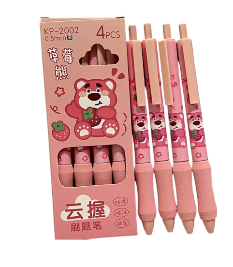 Cute Strawberry Bear Retractable Pens – 0.5mm | Set of 4