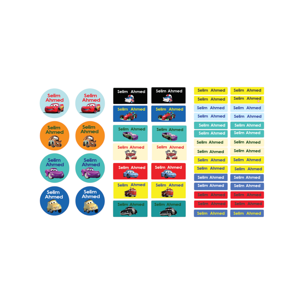 Elite Stationery House Pixar Cars themed waterproof name tag stickers for kids school supplies in various sizes