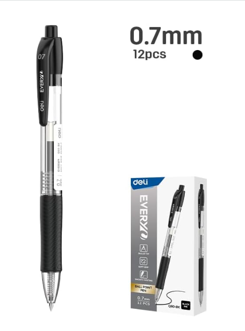 Deli EQ60-BK Ball Point Pen 12-Piece Set, 0.7 mm Bullet Tip, Black