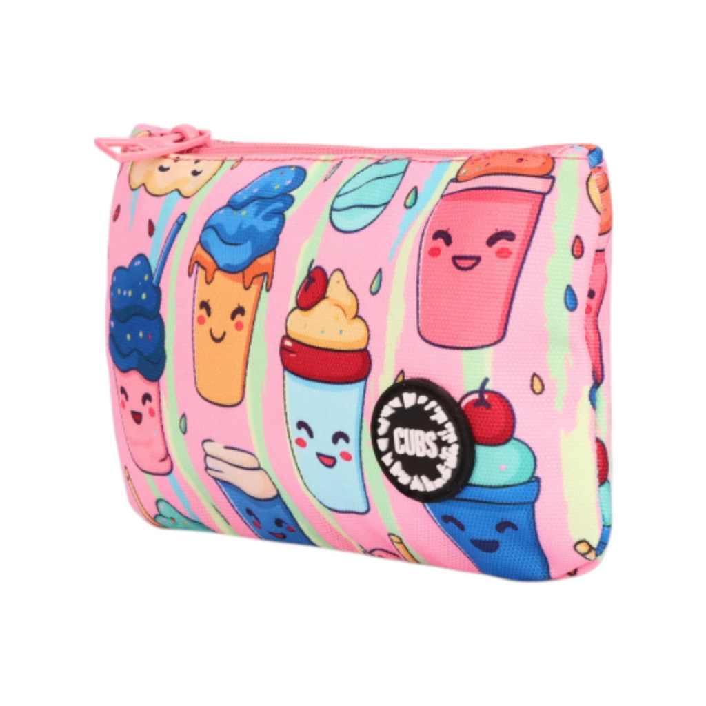 Elite Stationery House Cubs Frappe pencil case in pink with cute cartoon drink characters and a single zipper closure