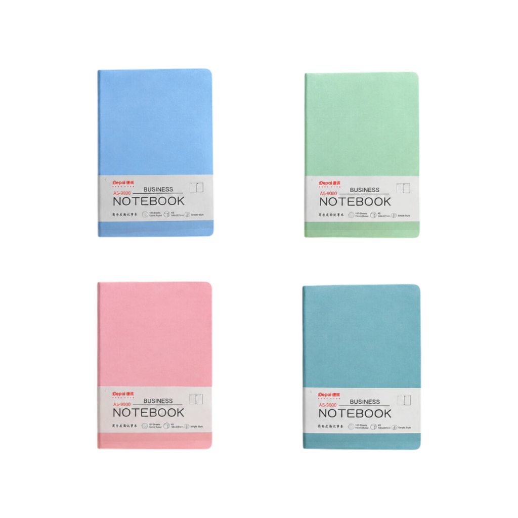 Elite Stationery House A5 hard cover notebooks in pastel blue, green, pink, and teal with elastic closure bands