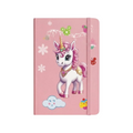 Elite Stationery House A5 hard cover notebook in pink featuring a cute unicorn illustration and elastic closure band.