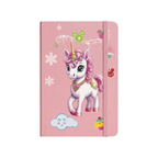 Elite Stationery House A5 hard cover notebook in pink featuring a cute unicorn illustration and elastic closure band.
