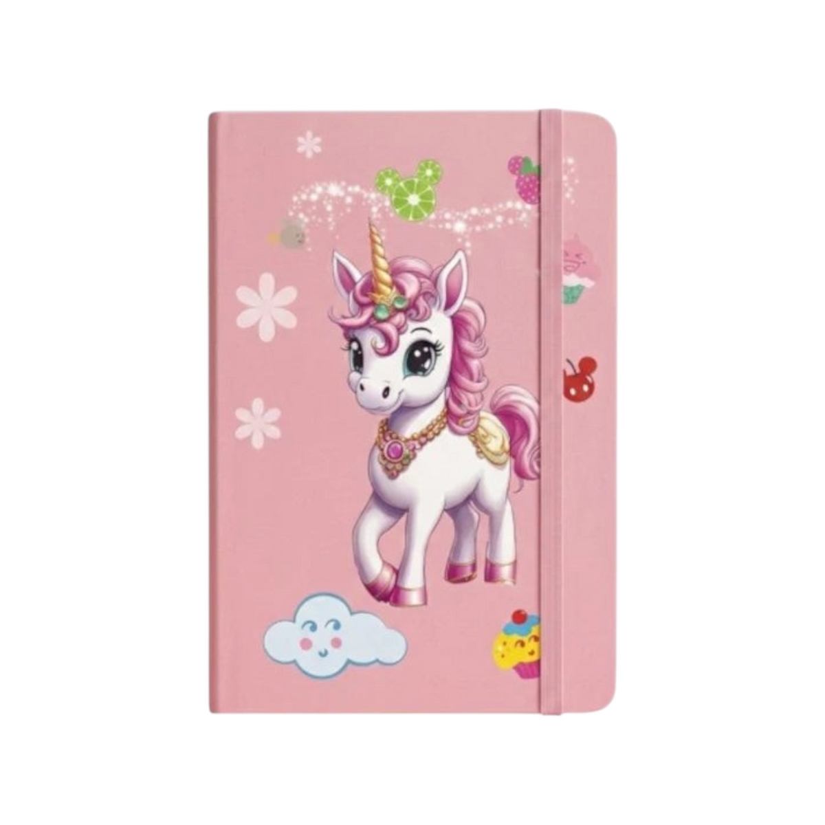 Elite Stationery House A5 hard cover notebook in pink featuring a cute unicorn illustration and elastic closure band.