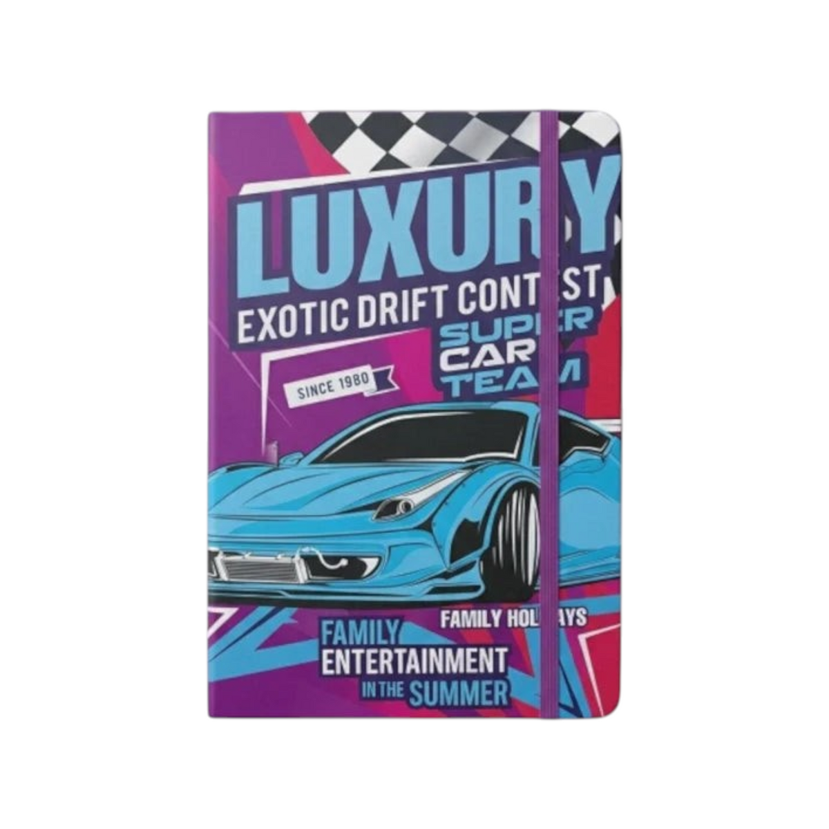 Elite Stationery House A5 hard cover notebook featuring a purple and blue racing car design with elastic closure