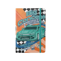 Elite Stationery House A5 hard cover notebook featuring a teal racing car graphic and elastic closure band.