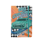 Elite Stationery House A5 hard cover notebook featuring a teal racing car graphic and elastic closure band.