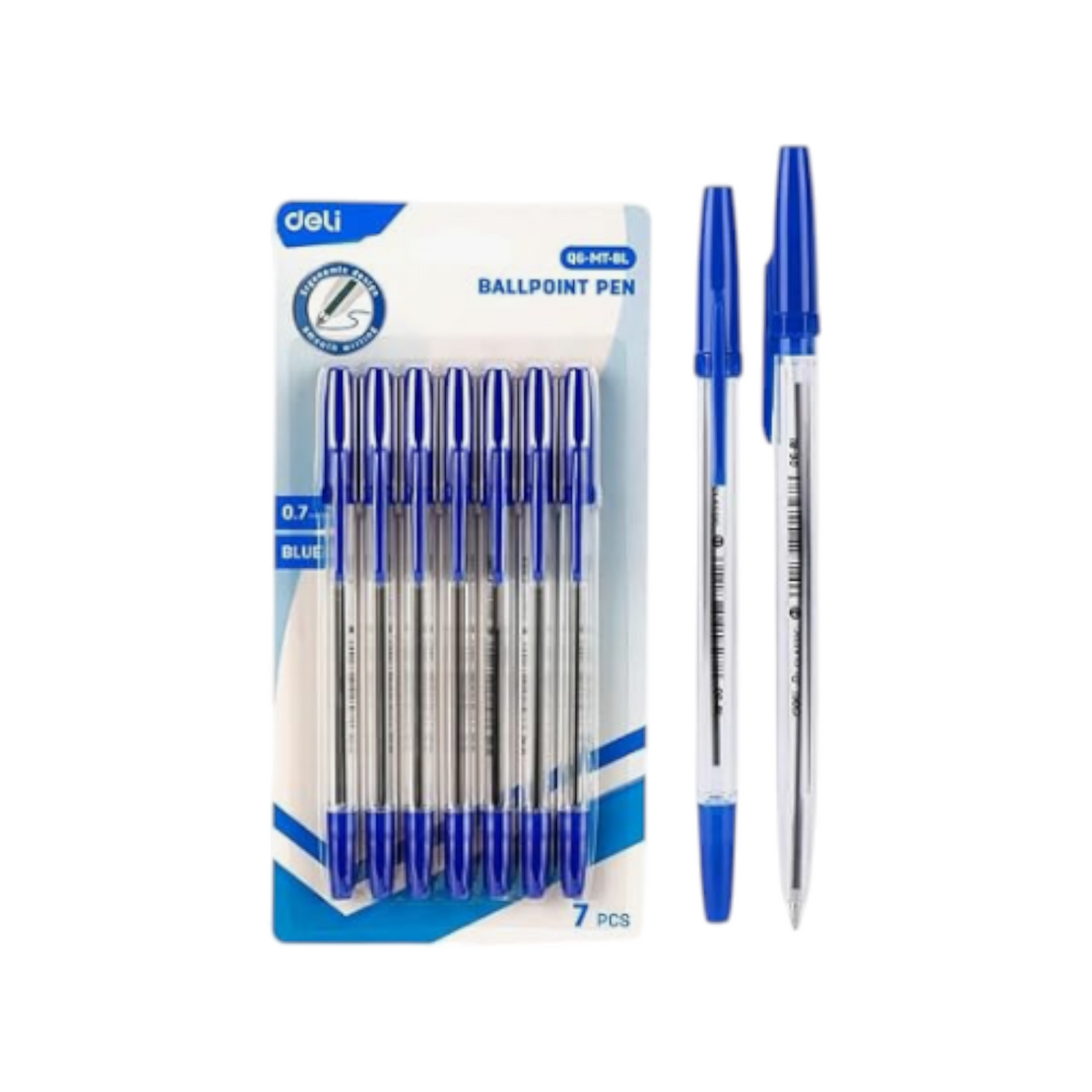 Elite Stationery House pack of seven Deli 0.7mm blue ballpoint pens with bullet tips and clear ergonomic barrels