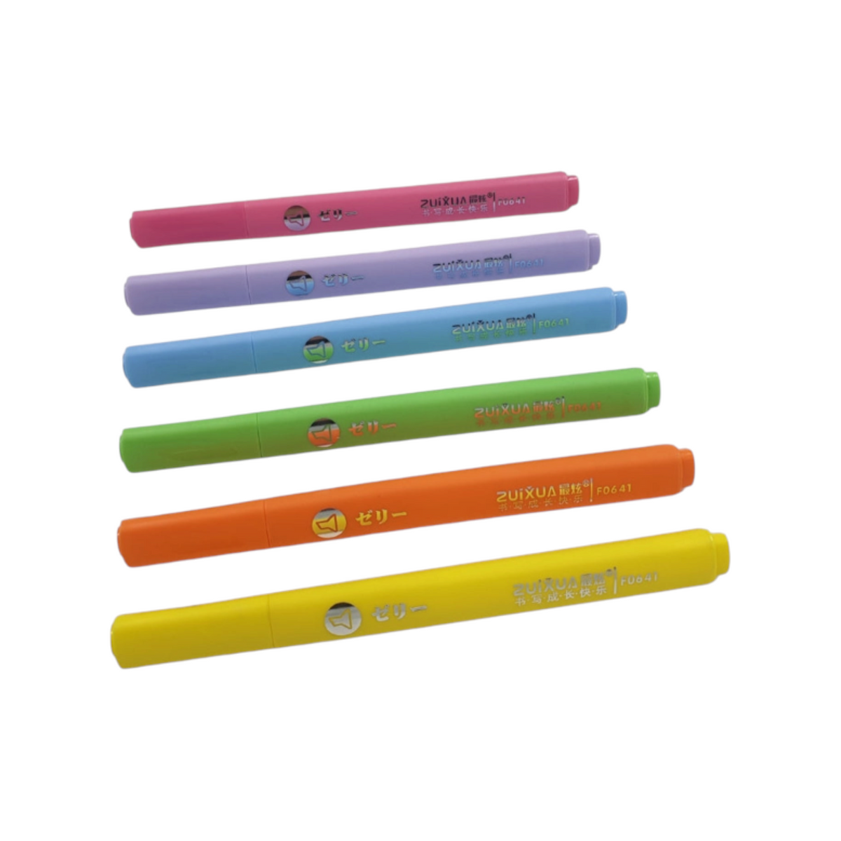Elite Stationery House set of six vibrant neon Zuixua highlighters in pink, purple, blue, green, orange, and yellow.