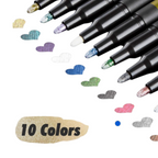 Elite Stationery House metallic marker set with 10 vibrant colors and heart-shaped ink swatches on white background