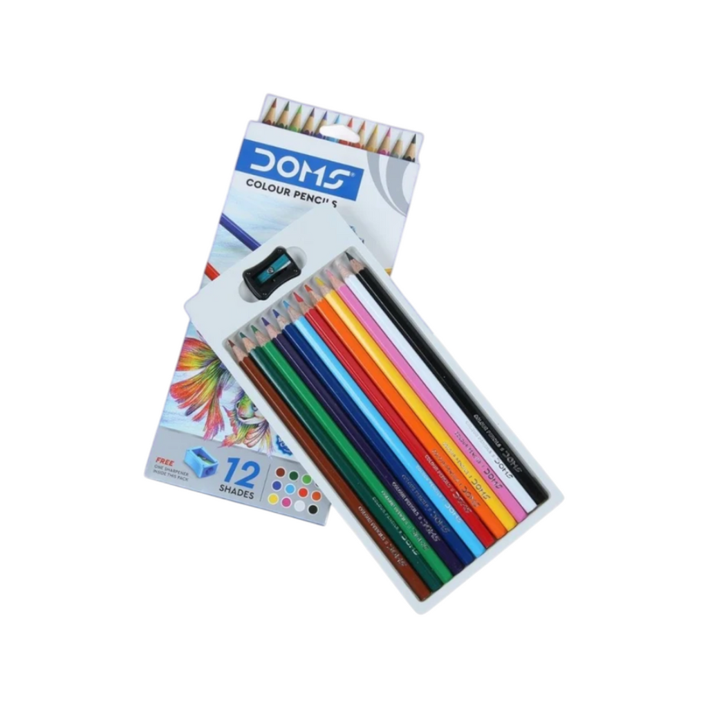 Elite Stationery House Doms set of 12 full-size vibrant colour pencils with a free sharpener in a display box