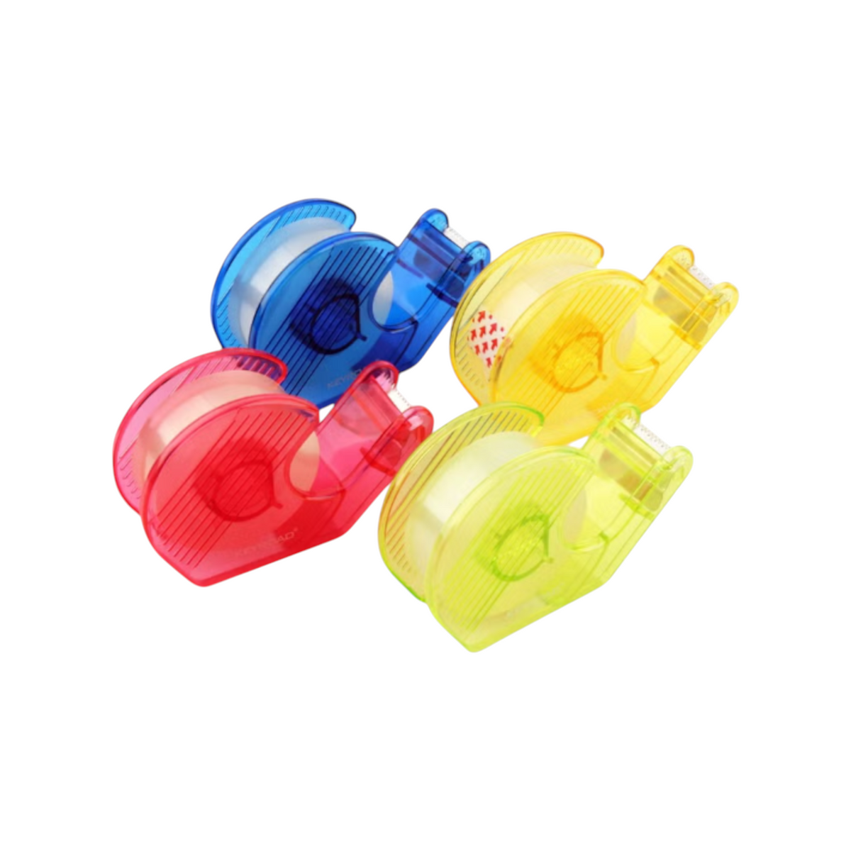 Elite Stationery House set of four small transparent plastic tape cutters in blue, yellow, pink, and green colors.