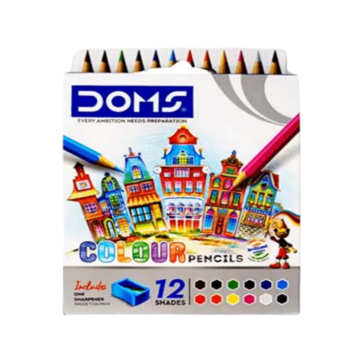 Elite Stationery House Doms short size colour pencils set of 12 with sharpener and extender in a illustrated box