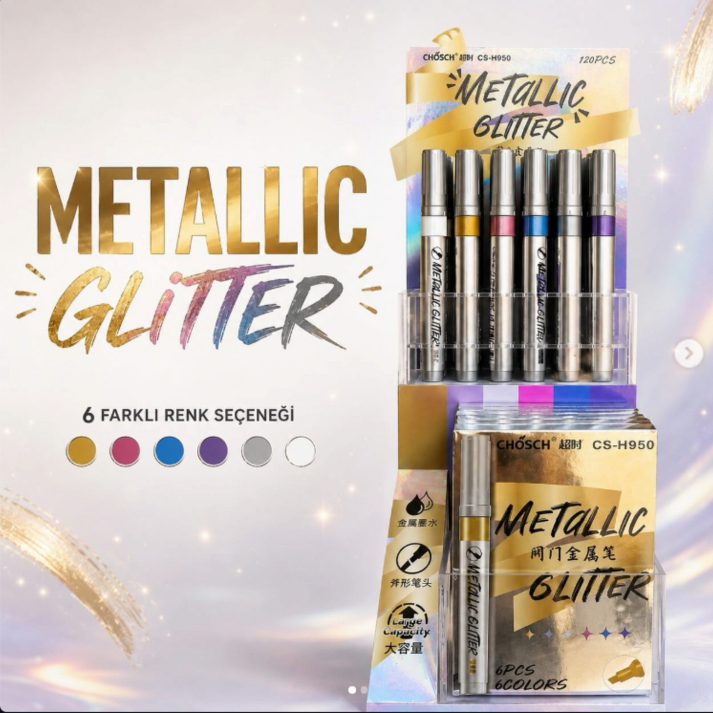 Elite Stationery House CHOSCH CS-H950 metallic glitter marker set with 6 vibrant colours in a display stand