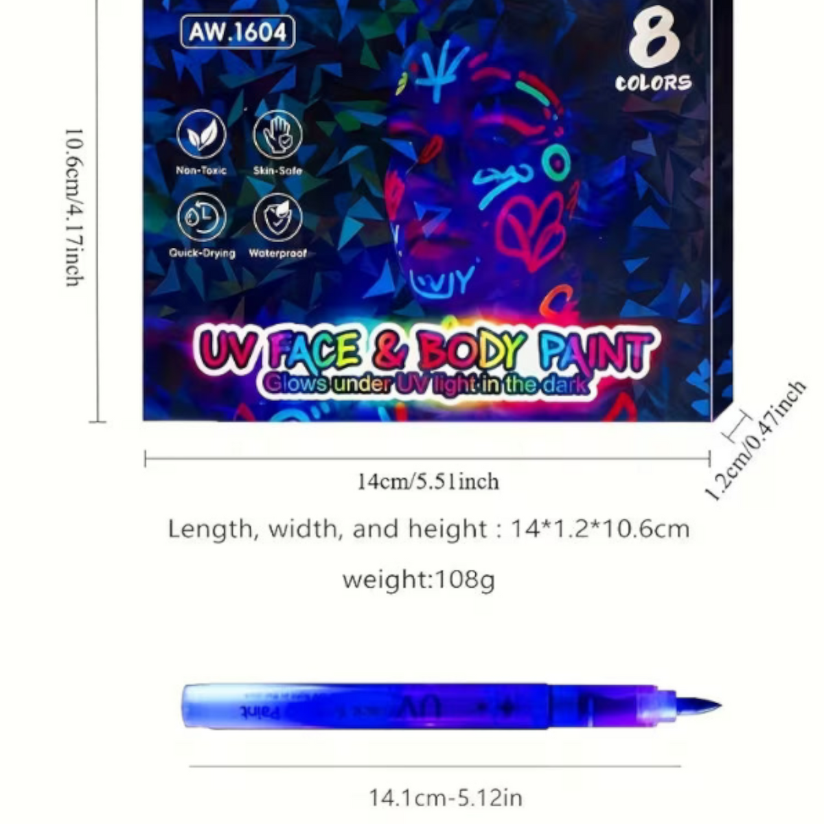 8-Color Glow-in-the-Dark Pen with Neon Glow Effect Washable