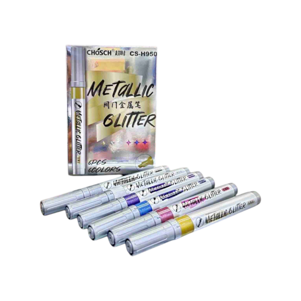 Elite Stationery House CHOSCH CS-H950 metallic glitter marker set with 6 vibrant colours in a display box
