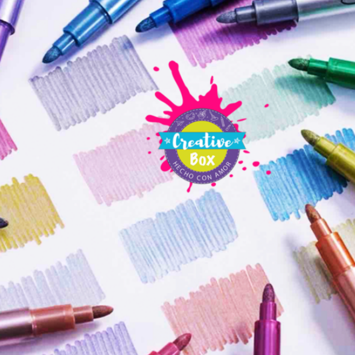 Elite Stationery House CHOSCH metallic glitter markers in gold, silver, white, pink, purple, and blue on white paper