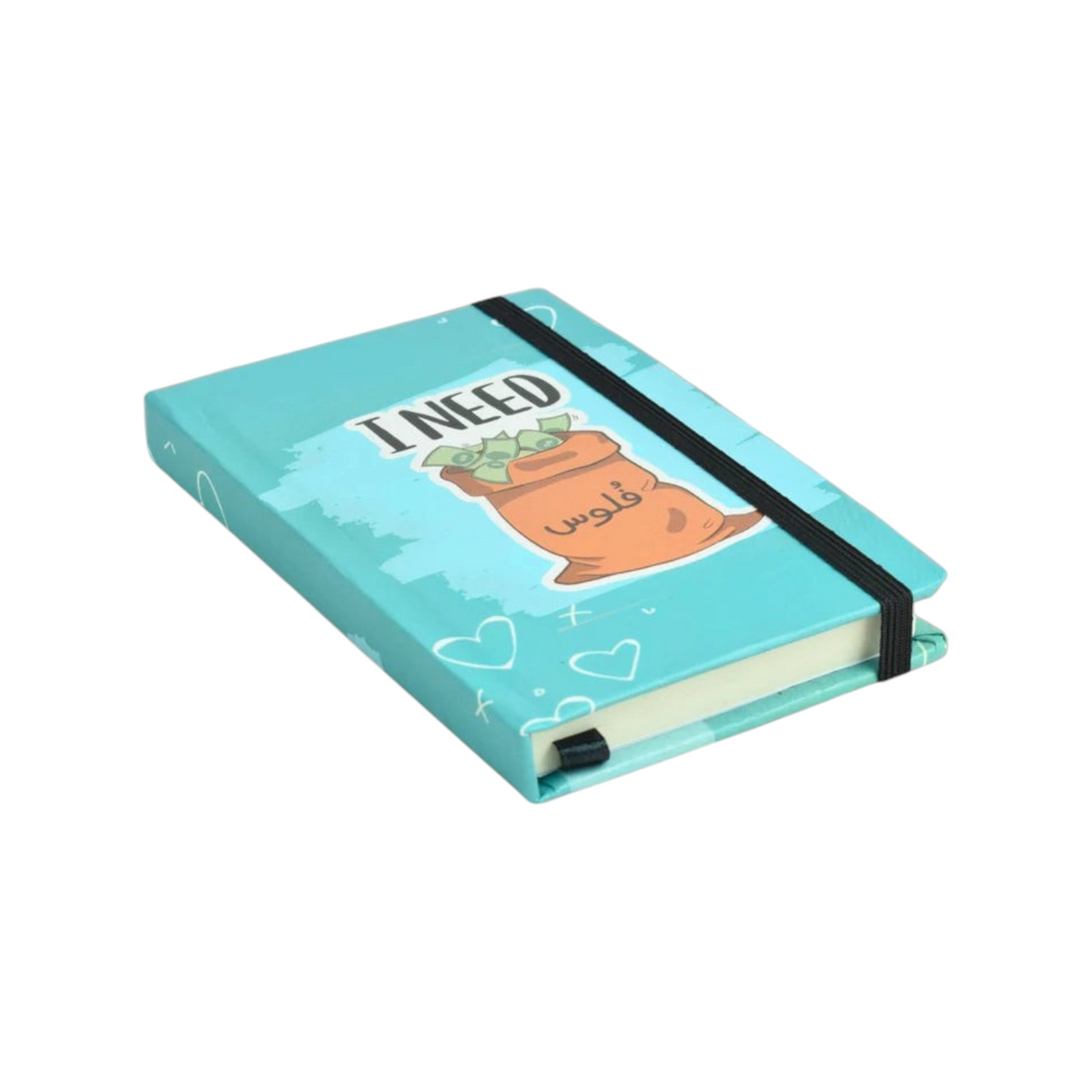Elite Stationery House A6 hardcover notebook in teal with a money bag illustration, elastic band, and lined pages.