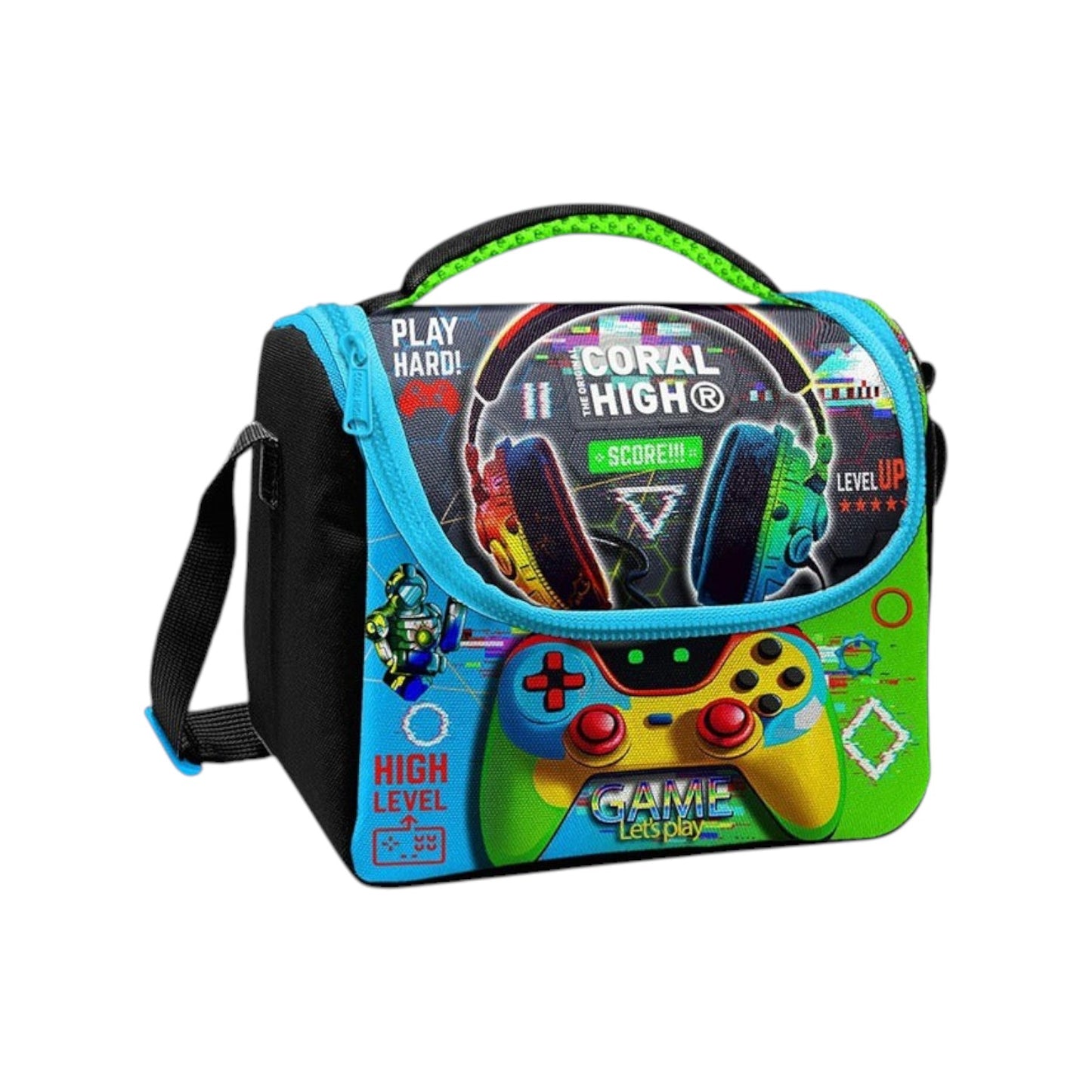 Coral High Kids Black Fluorescent Green Headphones Game Patterned Thermo Lunch Box
