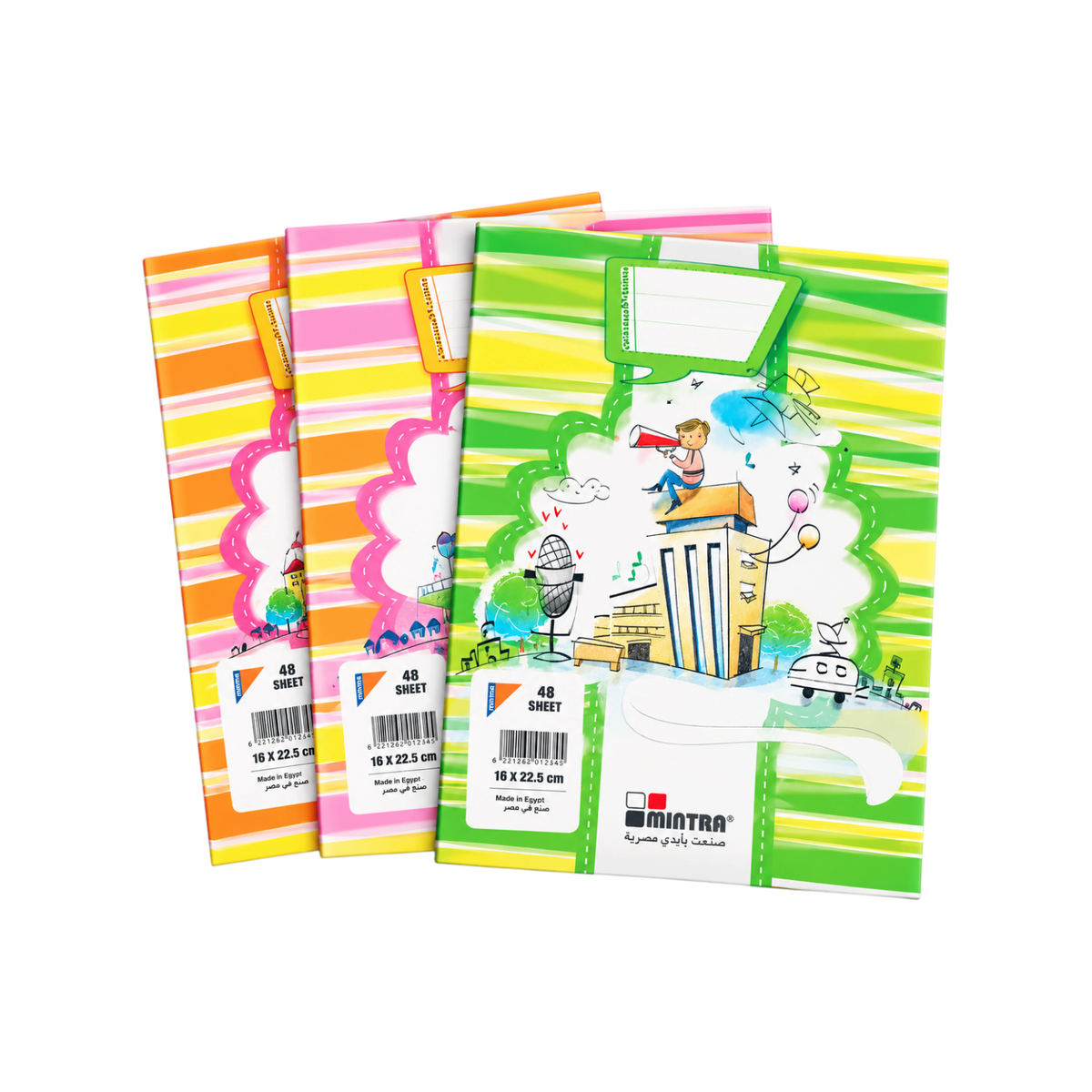 Elite Stationery House Mintra A5 stapled notebooks with colourful striped covers and illustrated school designs