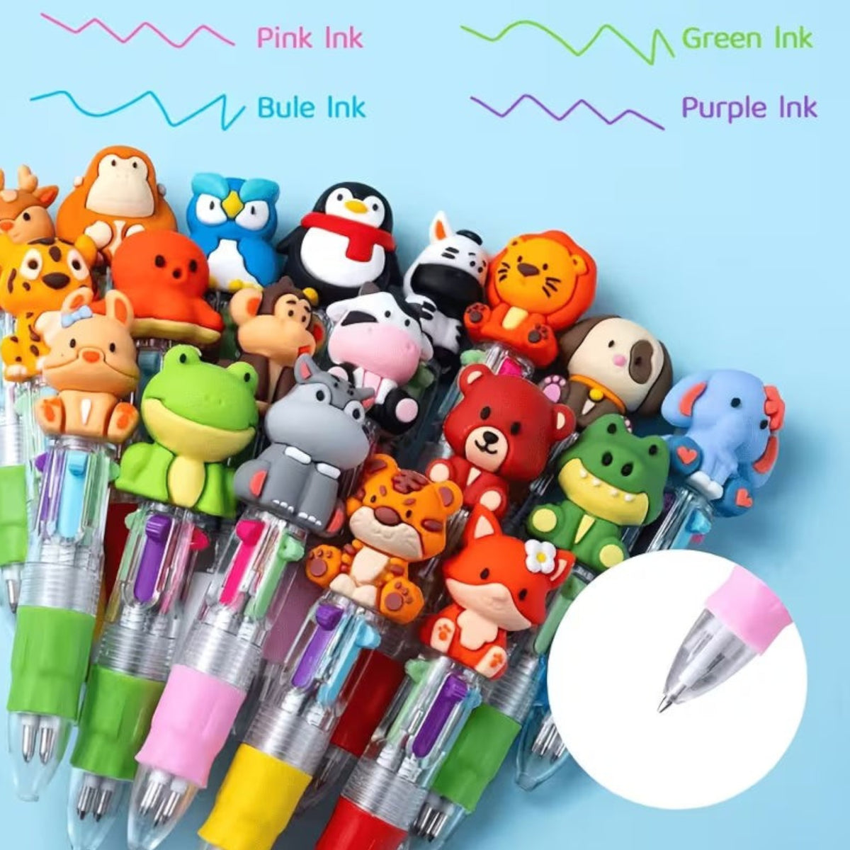 Mini Zoo Animal Multicolor Ballpoint Four-In-One Pens- Random Shape
